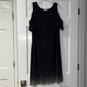 Cold shoulder flutter sleeve black dress with rhinestone and pearl detail